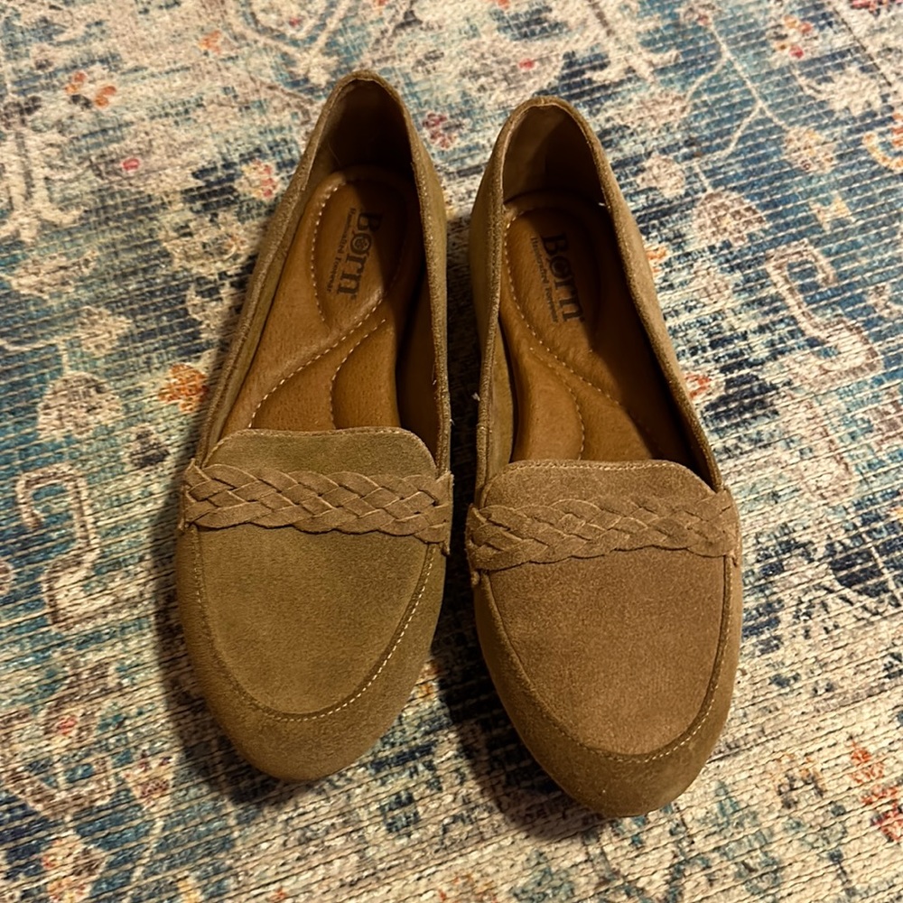 Born Mirror Braided Taupe Suede Comfy Loafers Casual Bohemian Office Neutral